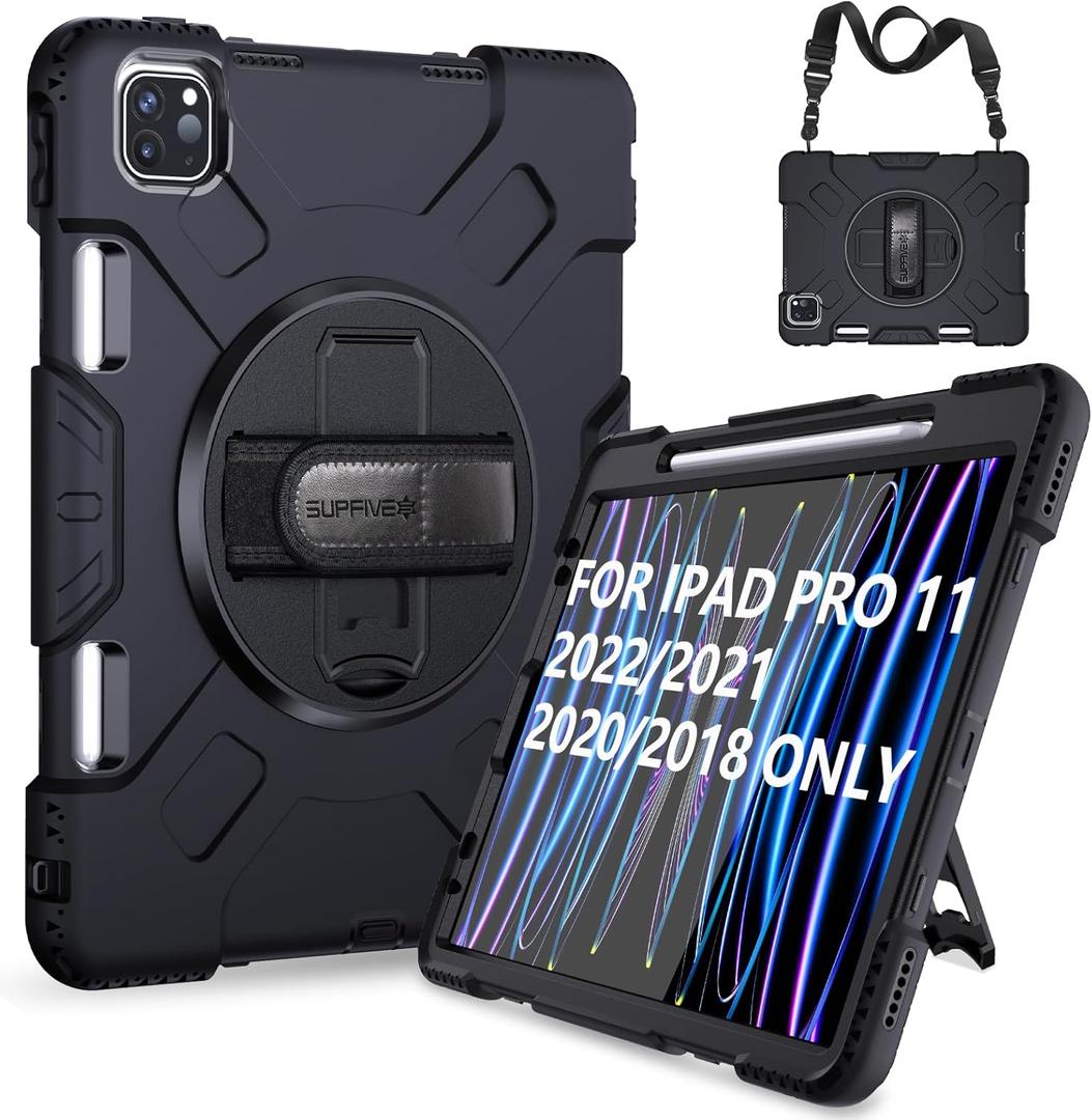 SUPFIVES 2022 iPad Pro 11 inch Case (4th Generation),Upgraded Military Grade Shockproof Silicone iPad Pro 11 4th/3rd/2nd Gen Cover Pencil Holder+ Handle+ Shoulder Strap+ Rotating Kickstand, Black