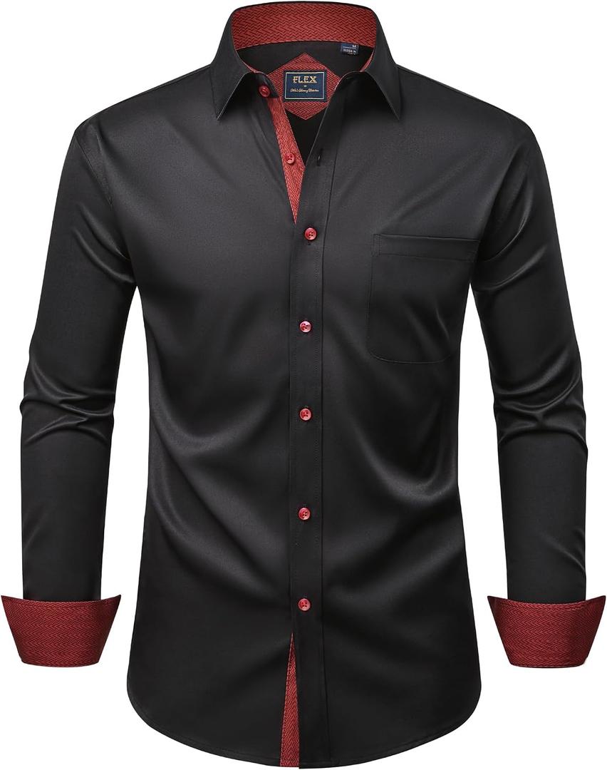 Alimens & Gentle Men's Dress Shirts Long Sleeve Wrinkle-Free Business Casual Button Down Shirt (Black, XL)