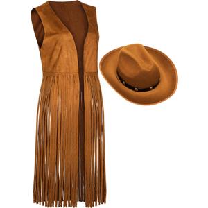 Foaincore Fringe Vests Cowgirl Outfits for Women 70s Hippie Clothes Vest Jacket Faux Suede Tassels Western Cowgirl Hat (Large, Brown)