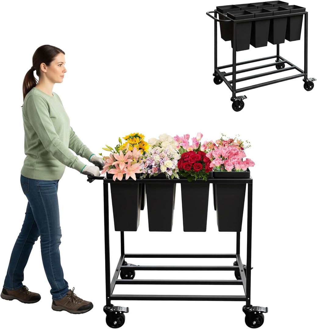 Flower Cart with 8 Buckets,Flower Cart Display Stand with Wheels,Bloom Bar,Flowers Stand for Wedding ,Party and Home Decor,Black