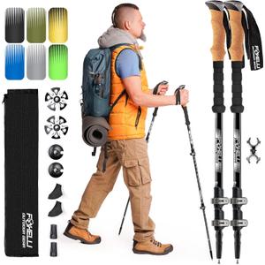 Foxelli Trekking Poles  Lightweight Collapsible Aircraft Grade Aluminum Hiking Poles with Cork Grips Quick Locks & All-Terrain Accessories  Pair of 2 (Black)