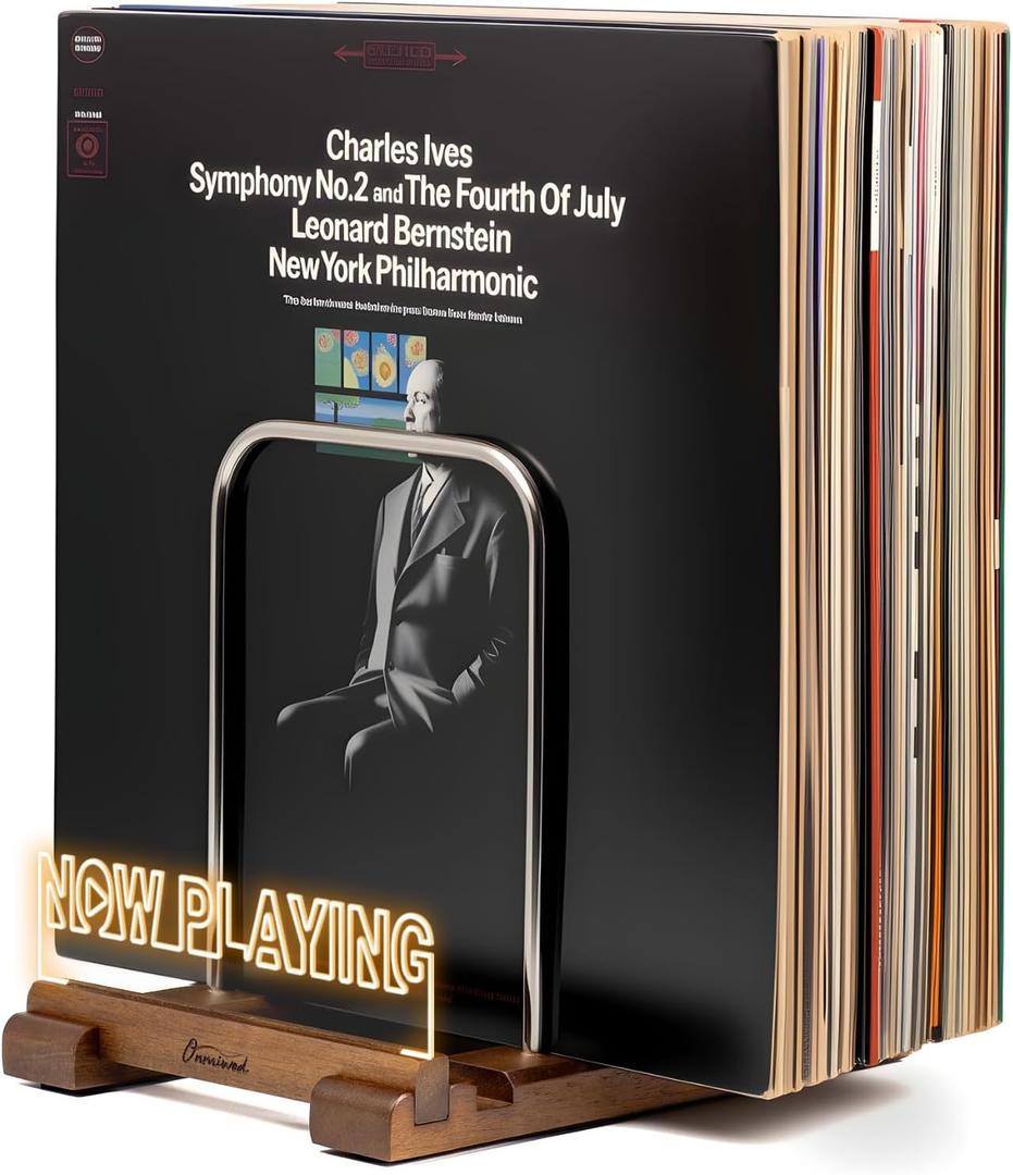 Onmiwod Vinyl Record Holder for 35 LPs, Light Up Now Playing Vinyl Record Stand, Wooden Album Storage Organizer, Album Holders for Records Display, Accessories Gifts for Music Lovers