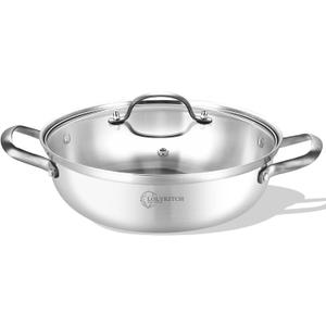LOLYKITCH 14 Inch Tri-Ply Stainless Steel Saut Pan with Lid,Everyday Pan,Kadhai,Large Skillet,Jumbo Cooker,Induction Deep Frying Pan,Dishwasher and Oven Safe.(13-3/4 Inch 7 Quarts)