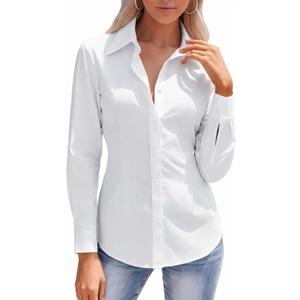 HOTOUCH Button Down Shirts for Women Long Sleeve Stretch Dress Shirts Wrinkle-Free Work Blouses Slim Fit Office Tops (White, XL)