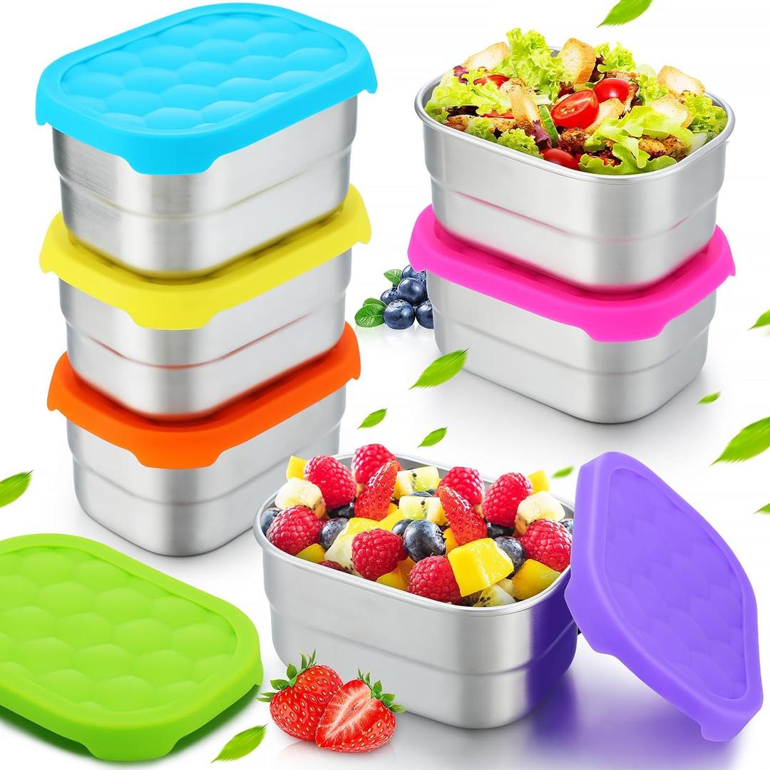 Layhit 6 Pcs Stainless Steel Snack Containers for Kids, 8 oz Lunch Containers with Silicone Lids Small Reusable Metal Food Box for Child Daycare School Home Storage Supplies (Vivid Color)