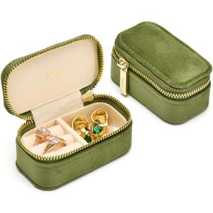 TAIMY Small Travel Jewelry Case, Mini Tiny Plush Velvet Jewelry Box for Women and Girls, Pocket Size Jewelry holder organizer for Rings Earrings and Small Items(Avocado Green)