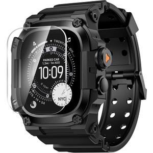 Goton Rugged Case with Band for Apple Watch Ultra 3/2/1 49mm, Military Grade Shockproof Cover + Screen Protector Kit for iWatch Band Men, Skin-Friendly TPU Strap for Outdoor Adventures (Black)