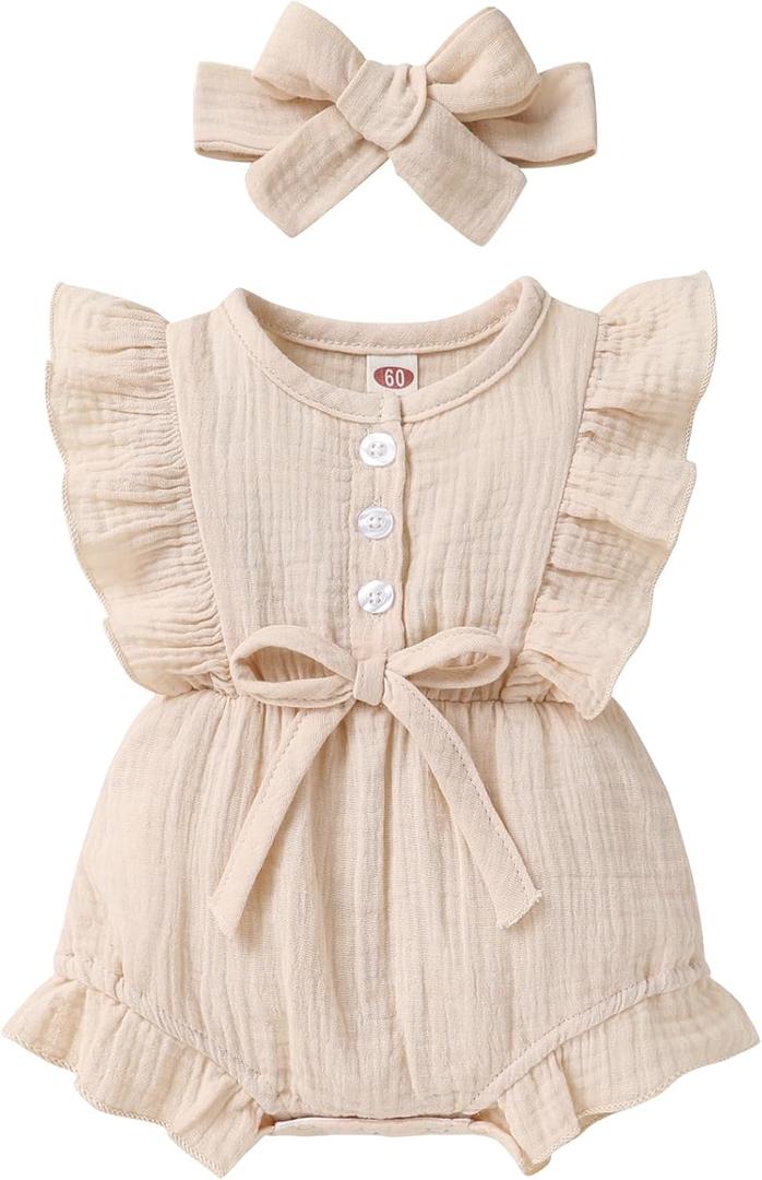 YOUNGER TREE Toddler Baby Girl Ruffled Sleeveless Romper Casual Summer Jumpsuit Cotton Linen Clothes (0-3 Months, Button Apricot)