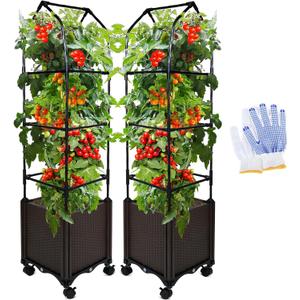 MQUPIN Raised Garden Bed Planter Boxes with Trellis,52''Self-Watering Tomato Planter Boxes with Trellis for Climbing Vegetables Plants Flowers Tomatoes with Wheels,Use for Indoor Outdoor(2 Pack)