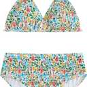 Girl's Tie Dye Smocked 2 Piece Swimwear Sets Backless Halter Bikini Cute Brief Bathing Suit (Floral Multicolor)