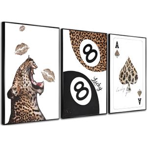 KBIERQN 3Pcs Trendy Leopard Prints Wall Art Cheetah Aesthetic Pictures Funky Preppy Lucky 8 Ball Posters Eclectic Ace Canvas Wall Decor for Girls Room Apartment Dorm 16x24In Unframed