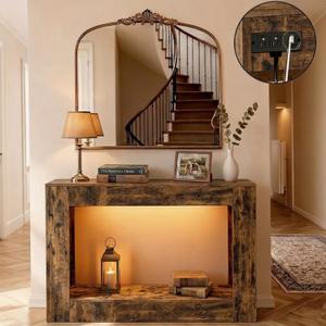 ZIFTY 50" Console Table with Charging Station & LED Lights, Narrow Entryway Table with Power Outlet, Modern Brown Decorative Foyer Table with Open Storage, Behind Couch Table for Hallway, Living Room