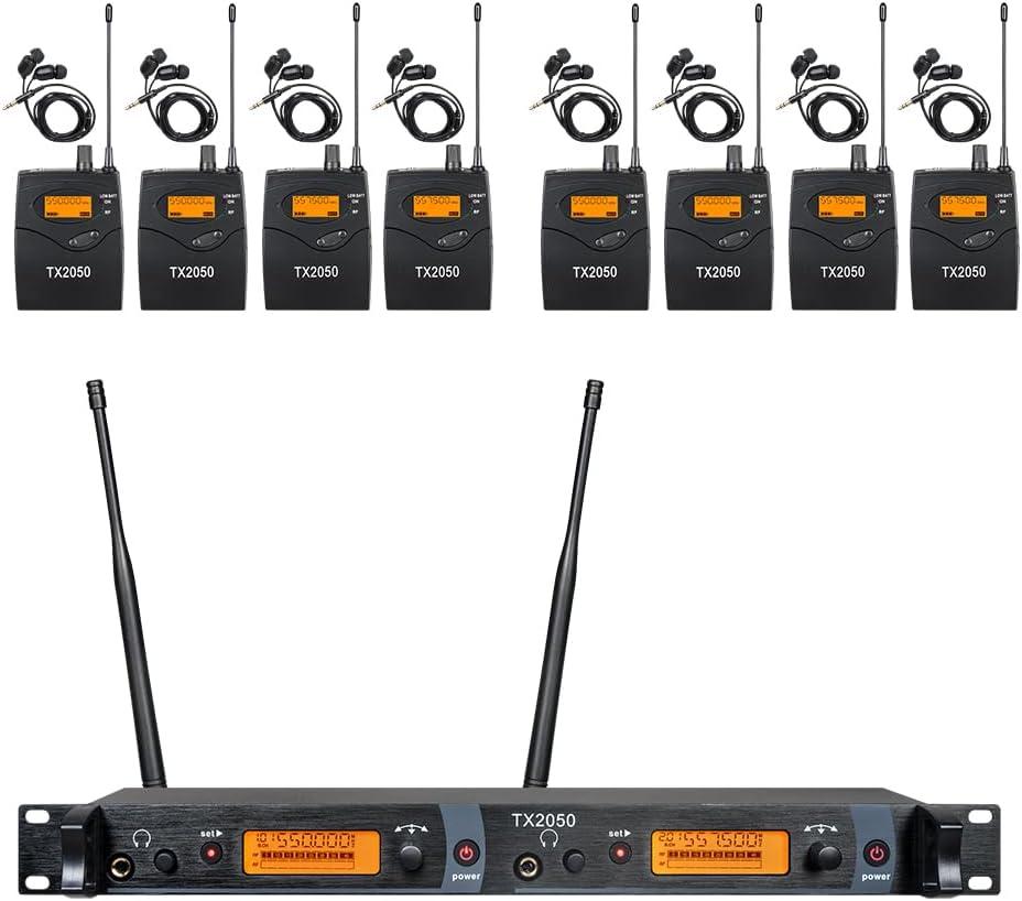 8 Bodypacks Wireless in Ear Monitor System 2 Channel Recording Headphone Studio Monitor Transmitter Monitoring Type for Stage Church Band Musicians School 338ft Range