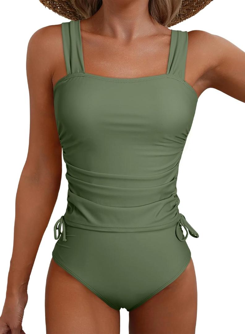 Aleumdr Womens Retro Ruched Two Piece Strappy Tummy Control Swimwear Tie Side Tankini Bathing Suit Set (Medium, Green)