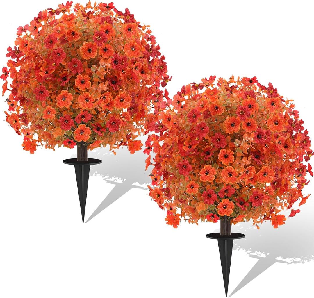 2 Pack Fall Artificial Topiary Bushes - 23" Boxwood Ball Trees with Mums, UV Resistant Faux Plants with Ground Spike for Outdoor, Fake Shrubs for Garden Porch Patio Autumn Thanksgiving Decor