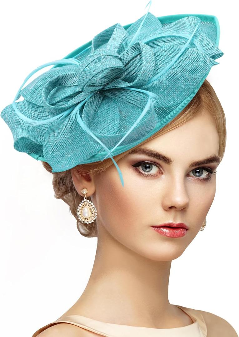Feather Tea Party Hat - 1920s 50s Elegant Derby Fascinators with Hair Clip, 2025 Kentucky Fascinator Hat for Women (Light Blue)