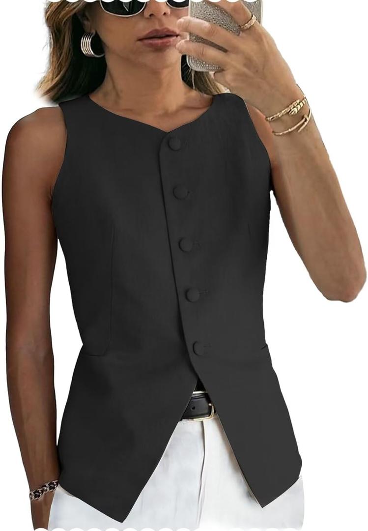 Women's Linen Waistcoat Slim Fit 5 Button V-Neck Dressy Suit Vest (Large, Black)