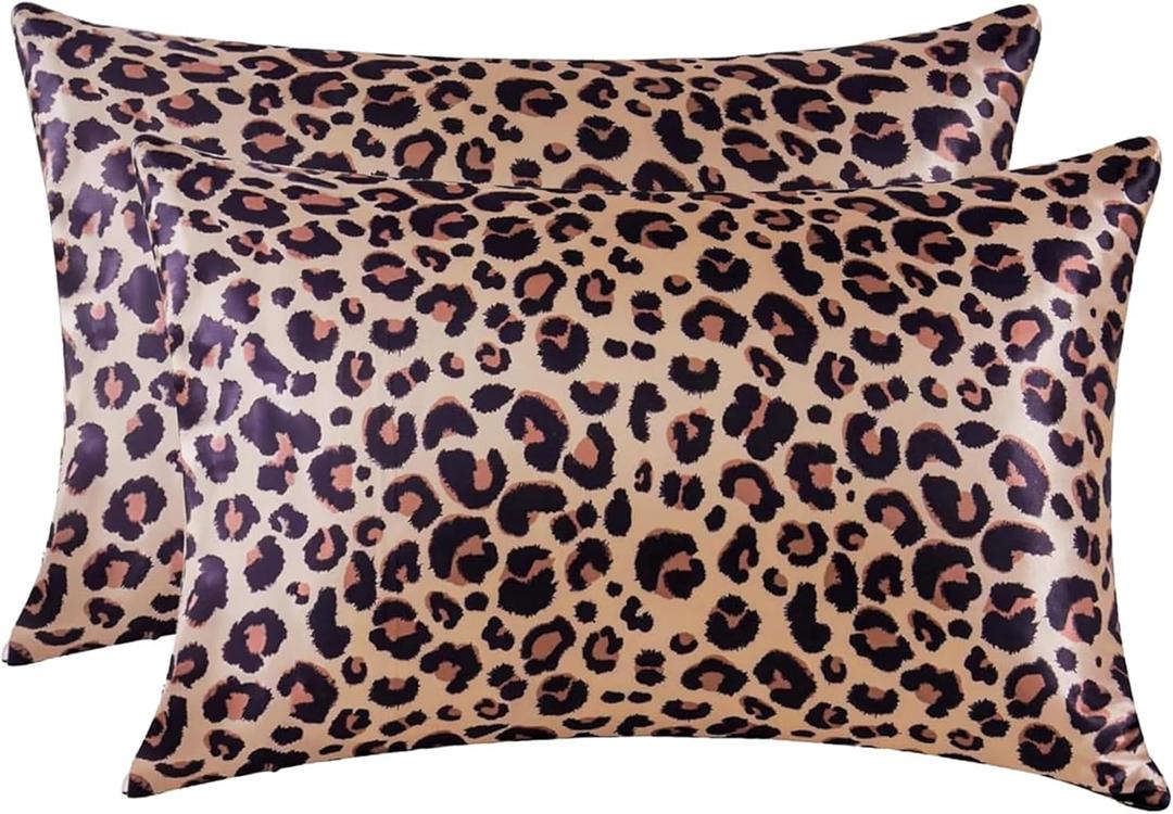 MR&HM Satin Pillowcase for Hair and Skin, Silk Satin Pillowcase 2 Pack, Toddler Size Pillow Cases Set of 2, Silky Pillow Cover with Envelope Closure (13x18, Brown Leopard)