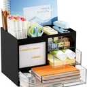 Marbrasse Desk Organizer with 3 Drawer, Multi-Functional Pencil Pen Holder for Desk, Desk Organizers and Accessories with 4 Compartments, Desktop Organizer Storage for Office Home Art Supplies (Black)