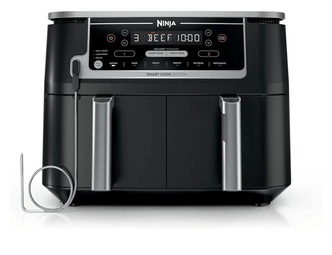 Ninja DZ550 Foodi 10 Quart 6-in-1 DualZone Smart XL Air Fryer with 2 Independent Baskets, Smart Cook Thermometer for Perfect Doneness, Match Cook & Smart Finish to Roast, Dehydrate & More, BLACK