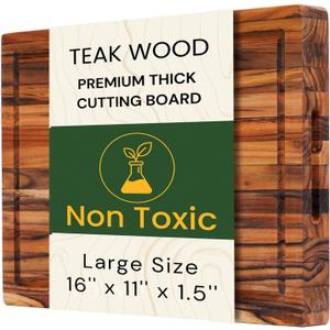 Large Teak Cutting Board 16" x 11" x 1.5" Thick Edge Grain Butcher Block for Meat & Kitchen Prep with Juice Groove and Handle, Solid Hardwood, Non Toxic Wood Cutting Board by New M Way