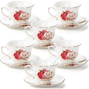 Foraineam Tea Cup And Saucer Set Of 6, Porcelain Ivory Rose Tea Cups With Saucers And Spoons, 6 Oz Floral Coffee Cup Set With Gold Trim, Latte Cups And Espresso Mug For Tea, Latte And Coffee Drinks