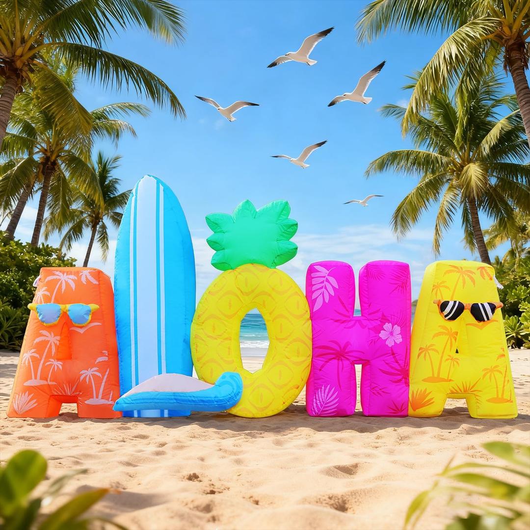 DomKom 6FT Tiki Luau Inflatables, Aloha, Hawaiian Summer Tropical Beach Blow up Party Decor Party Giant Yard Decoration, Outdoor Built-in LED Lights Lawn Holiday Outside