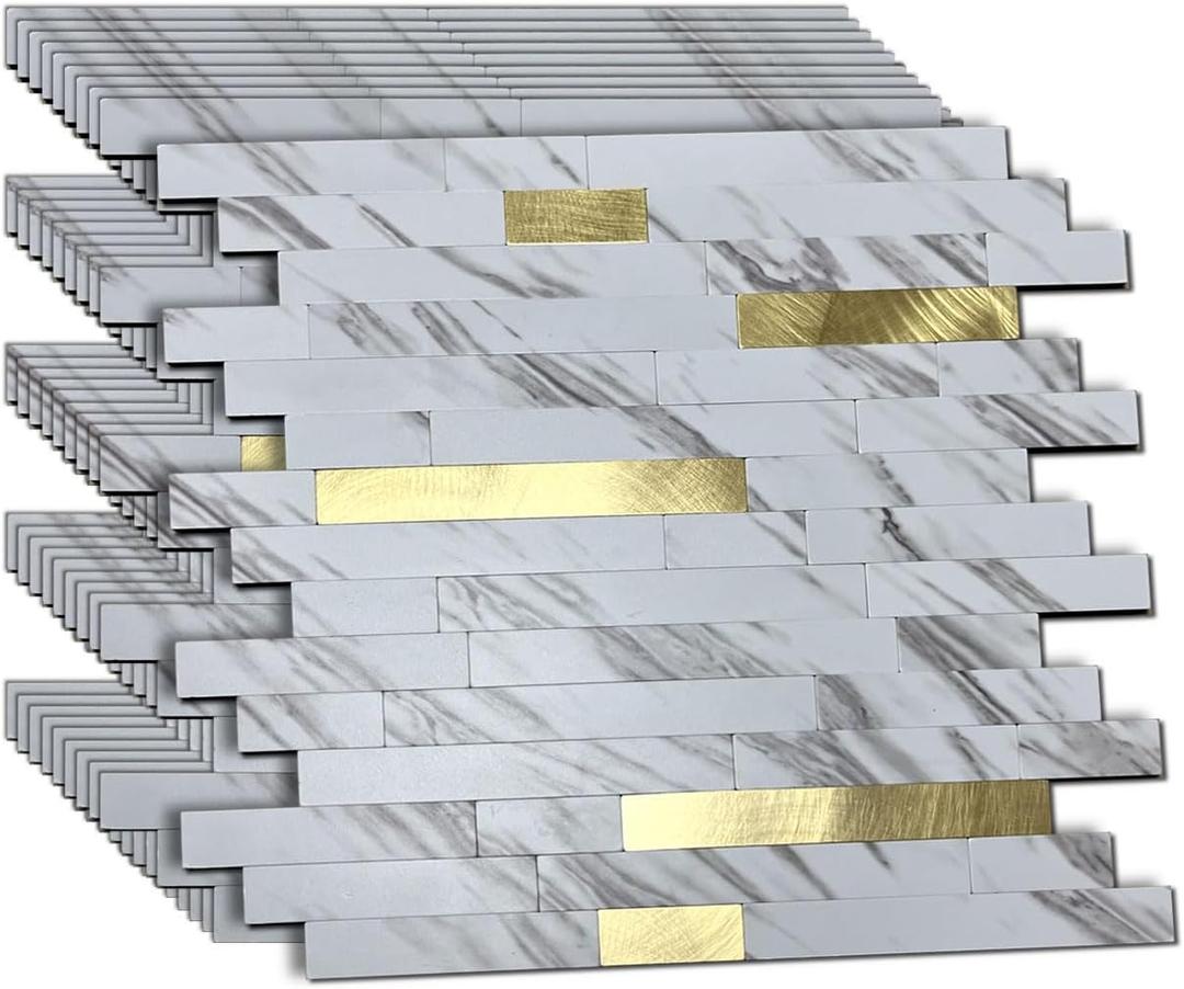 10 Sheets Peel and Stick Backsplash Tile for Kitchen, Self-Adhesive Mosaic Tile, Stick on Bathroom Vanities, Fireplace Decor, Laundry Table, White Marble + Gold-3, Metal Aluminum PVC Material