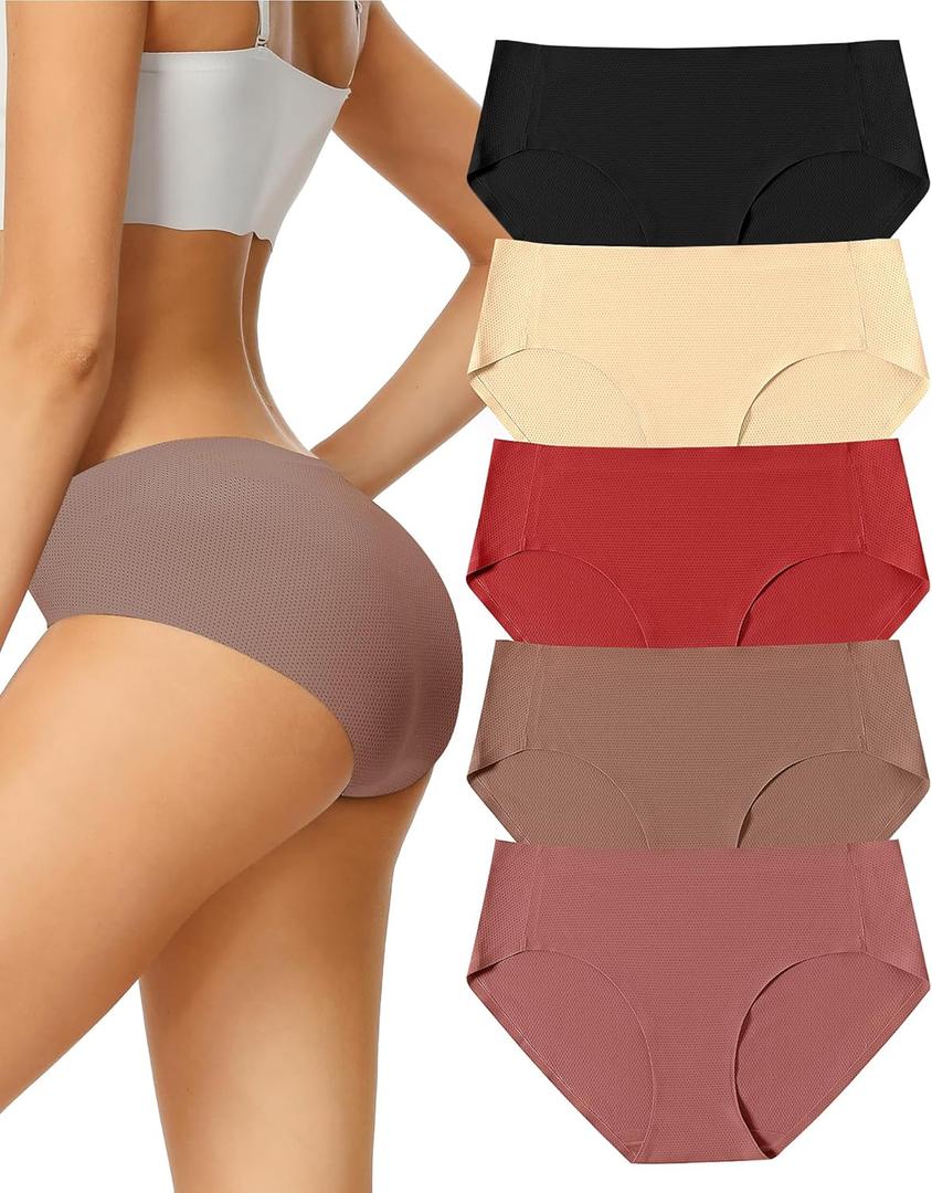 voenxe Women Seamless Hipster Underwear,Breathable Ladies Panties Bikini,No Show Briefs,Comfortable Undies for Women 5-Pack (Medium, Coffee)