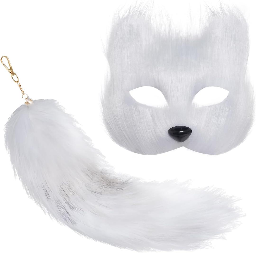 Yookat Faux Fox Masquerade Mask and Fox Tail Artificial Fox Face Mask Cat Masquerade Mask for Halloween Mardi Gras Cosplay (White)