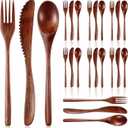Geiserailie 24 Pcs Wooden Utensils for Eating Wooden Spoon Fork Knife Cutlery Set Kitchen Wood Dinner Flatware Tableware Set Includes Spoon, Fork, Knife (Phoebe Wood)