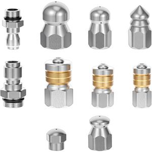 10 Pcs Sewer Jetter Nozzle Kit Stainless Steel Jetter Heads Kit otating Button Drain Cleaning Nozzle Tips for Pressure Washer, 1/4" & 3/8" NPT Quick Connectors Drain Cleaning Tips 5000 PSI