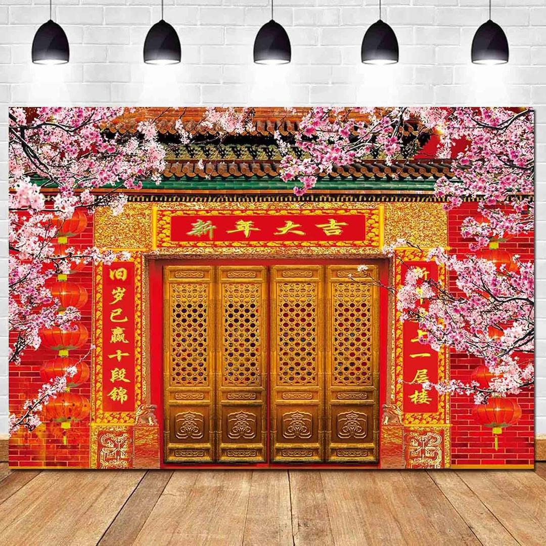 Chinese Spring Festival Photography Backdrop New Year Red Lantern Pink Plum Blossoms Trees Photo Background 7x5ft for Family Party Portrait Studio Props
