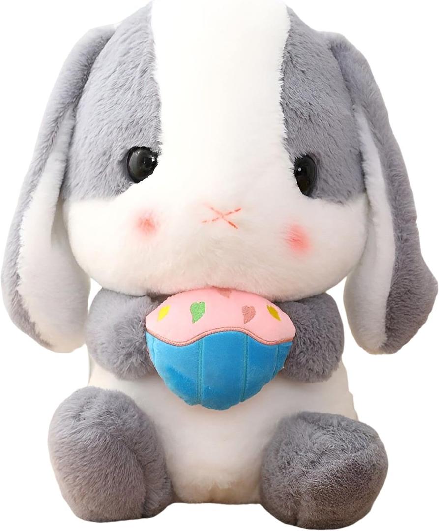 HOUPU Soft Toy - Sitting Lop Eared Rabbit, Easter White Rabbit Stuffed Bunny Animal with Carrot Soft Lovely Realistic Long-Eared Standing Pink Plush Toys (Ash White-Cake, 8.6in/22cm)