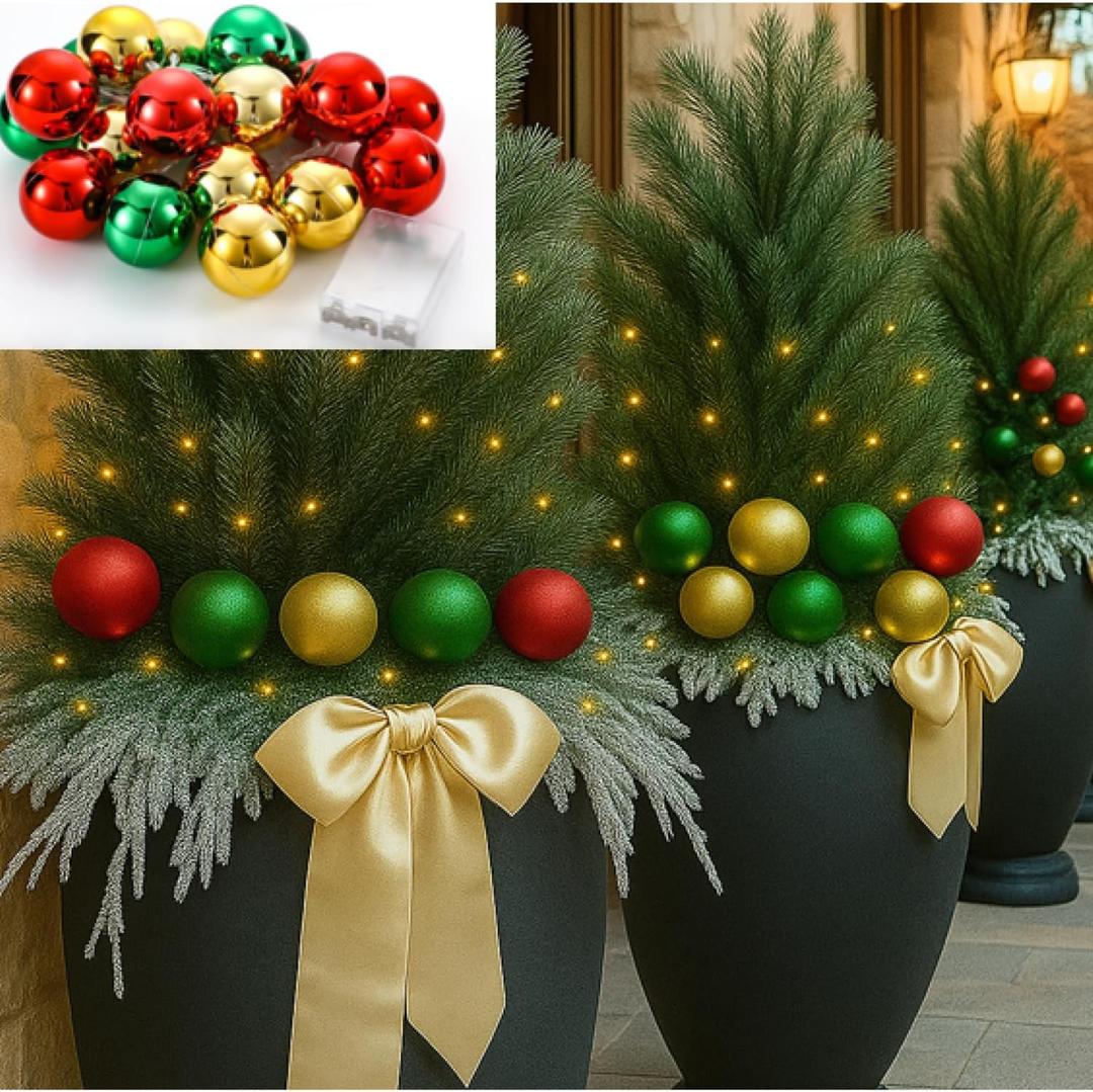 1 Pcs Christmas Urn Filler Decor Christmas Ball Ornament Lights 9.84 ft 20 Balls Battery Operated Pre-lit Pathway Tree String Lights for Home Lawn Porch Entryway Garden Yard Gazebo