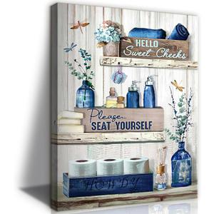 BJVJKSU Navy Blue Bathroom Decor Wall Art Rustic Blue Bathroom Canvas Wall Decor Please Seat Yourself Sign Print Painting Vintage Aesthetic Picture Artwork Decor(16x24in)