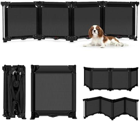 24 Inch Tall Freestanding Pet Gate - Easy Step Over, 4 Panel Dog Gate with Suction Cups, 80" Wide Pet Gates for Wide Openings, Foldable Dog Gate Mesh Puppy Gates for The House, No Drilling, Black