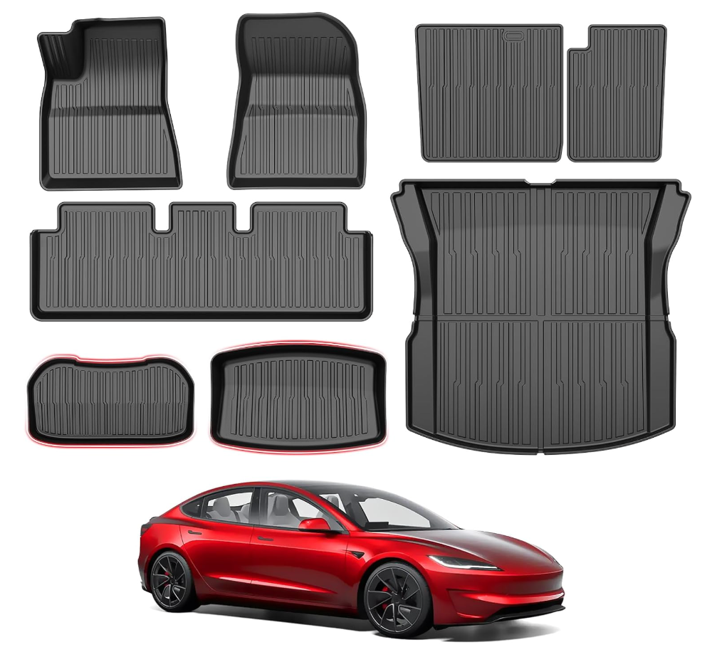 Powerty Floor Mats for 2024 2025 2026 Tesla Model 3 Highland 8 PCS Floor Cargo Liners Full Set All Weather TPE 3D 2 Row Liner Front Rear Storage Mat and Rear Seat Back Mats