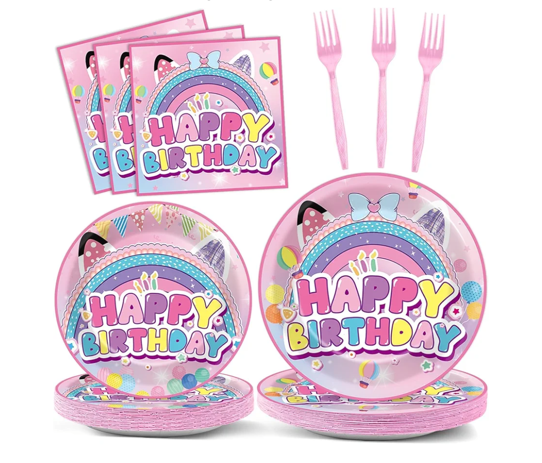 96Pcs Cat House Party Paper Plates and Napkins Cat Birthday Disposable Table Decor Kitten Themed Party Decoration Cute House Tableware Set for 24 Guests Kids Birthdays Baby Showers Supplies