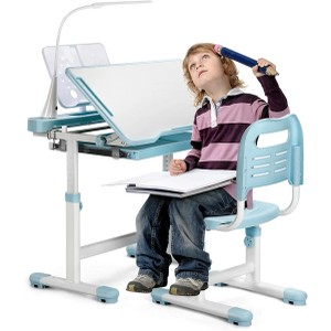 Rengue Kids Desk and Chair Set Height Adjustable School Study Desk and Chair with 55° Tiltable Desktop, 3 Modes&3 Brightness LED Lamps, Storage Drawer and Metal Hook for Boys Girls, Blue