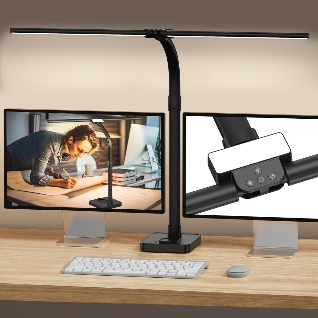 LED Desk Lamp for Home Office, 24W Bright Desk Lamp with Phone Holder Base - 25 Lighting Modes Eye-Caring Desk Light Adjustable Gooseneck Lamp for Workbench Drafting Reading Study (Black)