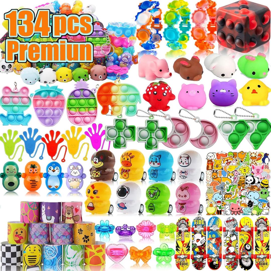 134 Pcs Pop Party Favors for Kids, Fidget Treasure Box Toys, Classroom Prizes, Pinata Filler Goodie Bag Stuffers,Treasure Chest, Carnival Prize Box Bulk Toys for Boys Girls
