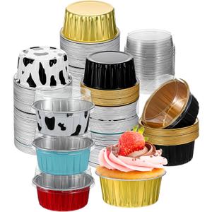 120 Pcs Aluminum Foil Baking Cups Mini Cake Pans with Lids 5 oz Cupcake Liners Disposable Muffin Tins Wrappers Baking Foil Ramekins Pans Aluminum Cupcake Cups for Birthday Party