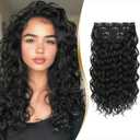 Clip in Hair Extensions 4 PCS, 16 Inch Short Wavy Curly Clip on Hair Extension, Thick Natural & Soft Synthetic Hairpieces for Women (Natural Black)
