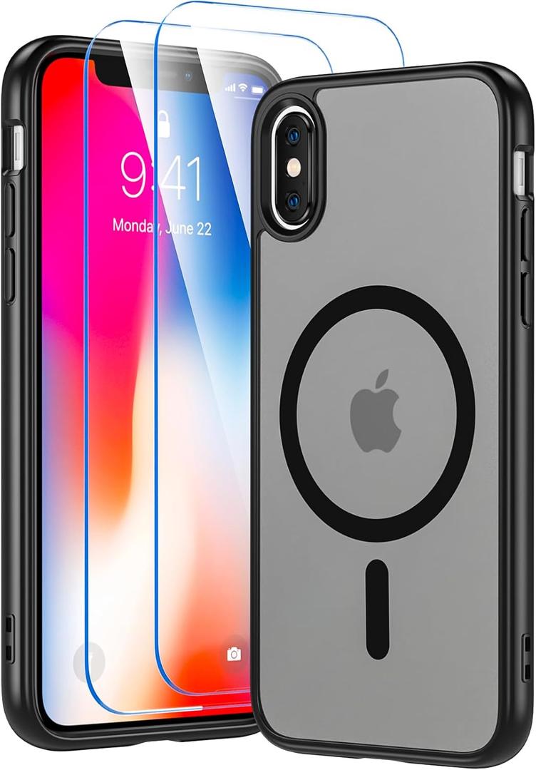 for iPhone X XS Case, iPhone X Case with Screen Protector, iPhone Xs Phone Case Compatible with Magsafe, Magnetic Military Grade Shockproof and Dropproof Phone Case, Silky Soft Touch, Black
