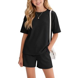 Vinsatin Girls' 2 Piece Summer Outfits, Black, 5-6 Years