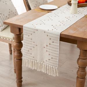 Table Runner 90 Inches Long, Boho Style with Handmade Tassels, 70% Cotton & 30% Linen, Modern Farmhouse Home Decor for Living Room (Beige Taupe, 12x90 Inch)