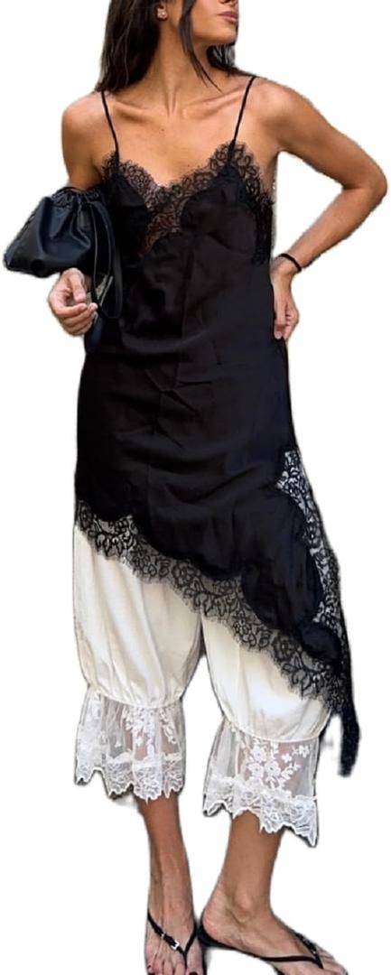 Women Lace Trim Satin Long Flowy Tank Tops Sleeveless Silk Camisole Tops Boho Spaghetti Strap Cami Layering Top (X-Large, Black)