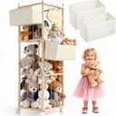 Stuffed Animal Storage & Organizer, with 2-Piece Large Detachable Toy Storage Bags, Wooden Tall Zoo Toys Storage with Wheels for Kids Playroom Kidroom Bedroom, Easy Assemble, 53 Inch