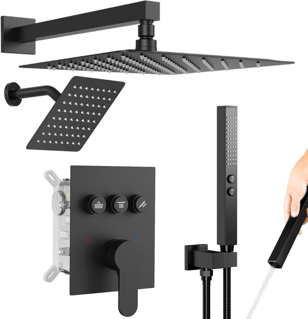 Shower Systems with Rain Shower and Handheld,STARBATH Dual Head 12+6" Rainfall Shower Can Run All Together, Wall Mount Shower Faucet Set with Pressure Balance Valve and Trim Kit, Matte Black